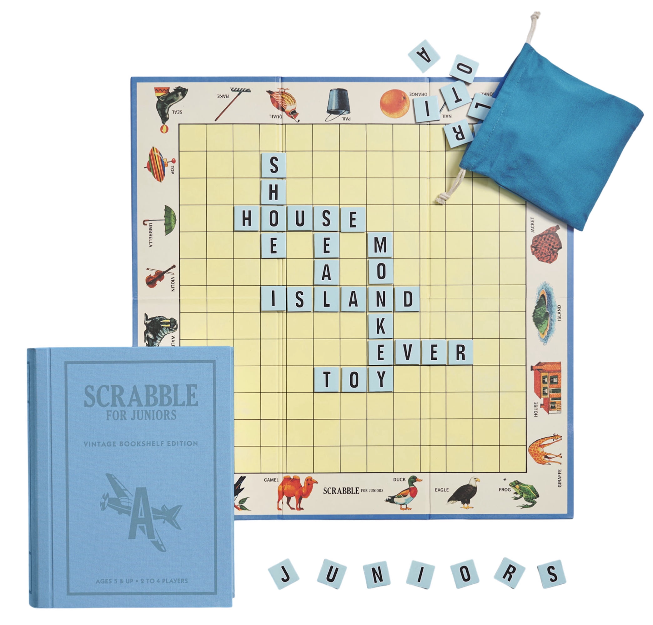 WS Game Company Scrabble Junior Vintage Bookshelf Edition – 2-Sided Board Grows with Your Child – Fabric Wrapped Book Storage Word Game for Ages 5 and Up