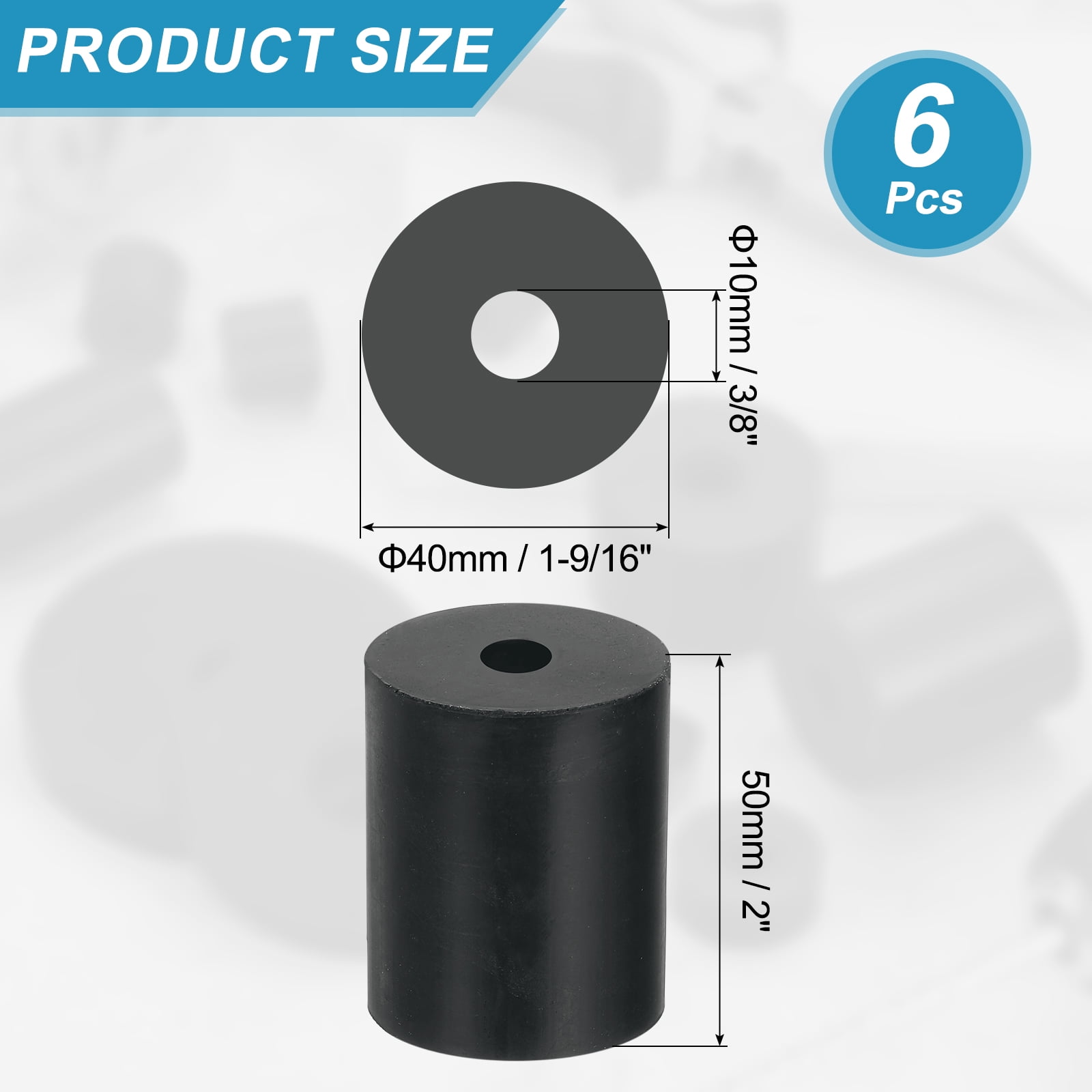 6 Pcs Multi Purpose Rubber Spacer, 10mm ODx40mm IDx50 mm Thickness Anti-Vibration Isolation for Home Cars(Black)