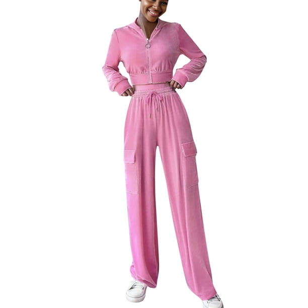 Gibobby Conjuntos de sudadera con bloques Traje pantalón de dos piezas con capucha y pierna recta de terciopelo a la moda de color sólido para mujer(Rosa,CH)