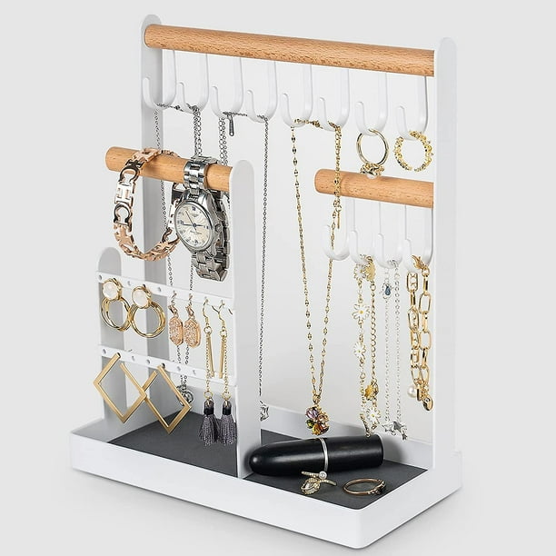 Soporte organizador de joyas, metal y madera, 3 niveles, pendientes de joyería, organizador de anillos, bandeja y ganchos, collares de almacenamiento, pulseras, anillos, Wa Afortunado Sencillez
