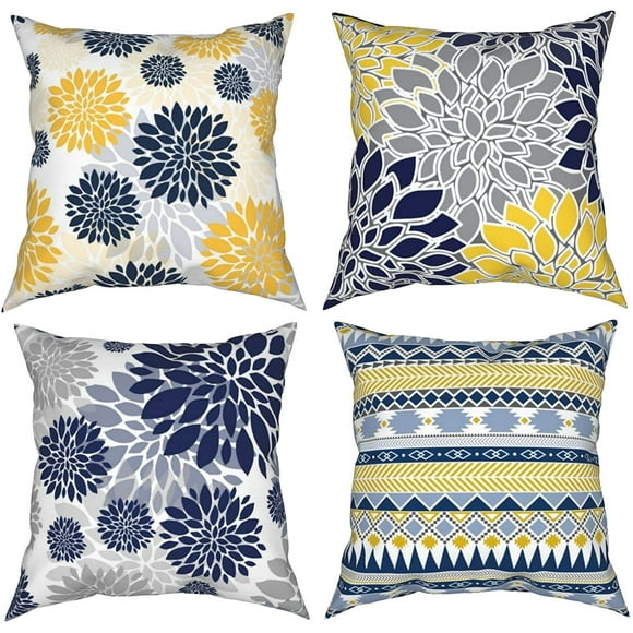 Granjero Gordo Juego de 4 fundas de almohada de 18 x 18 pulgadas, decoración del hogar, fundas de almohada de sofá de lino para exterior, patrón de flores doradas de color azul marino.