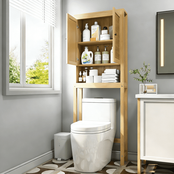 Rattan Over The Toilet Storage Cabinet with Adjustable Shelf, Double Doors, Bathroom Space Saver Organizer, Above Toilet with Open Shelf, Taller Wooden Free Standing Toilet Rack Natural