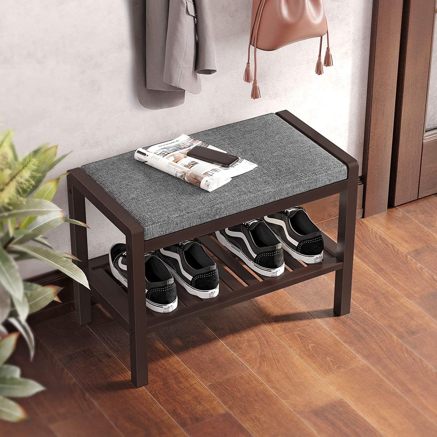 SONGMICS Bamboo Shoe Bench Rack for Entryway,Brown,Gray