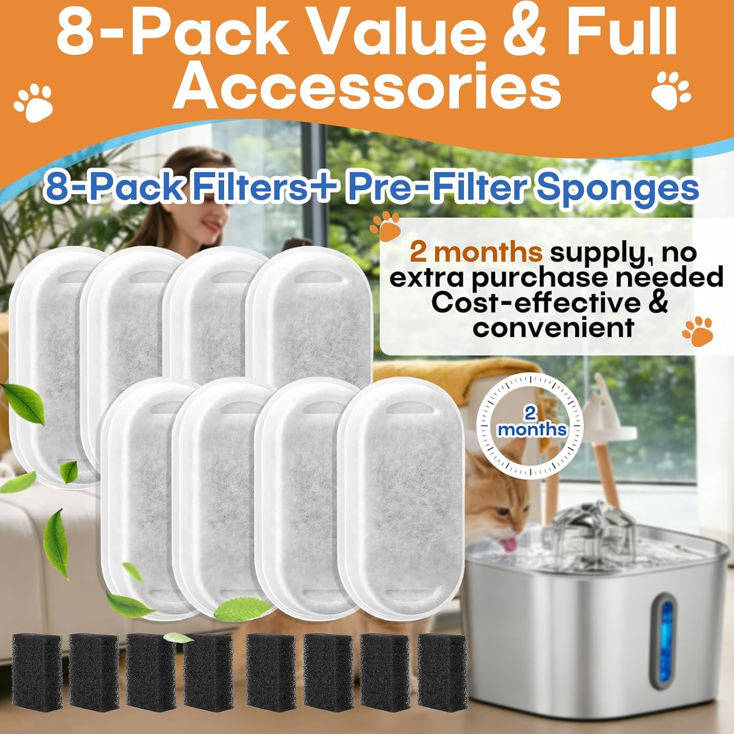 8 Pack Cat Water Fountain Filter, 2-Month Set Compatible with 74oz/2.2L Stainless Steel Pet Fountain, Quiet, Durable, Efficiency Filtration