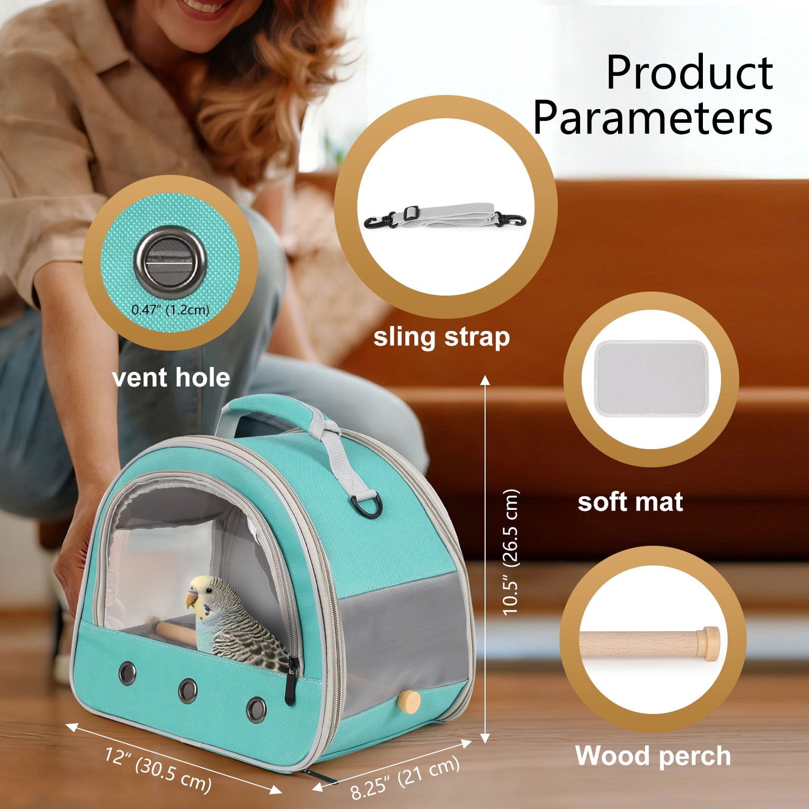 Bird Travel Carrier Cage for Small Parrot Budgies Cockatiel Parakeet Conure Green Cheek, Clear Front Window with Horizontal Standing Perch, Collapsible Lightweight