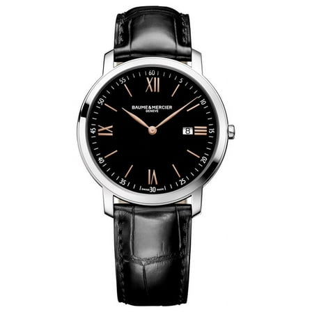 Baume & Mercier Classima Stainless Steel Black Dial Black Leather Strap Date Quartz Mens Watch MOA10127