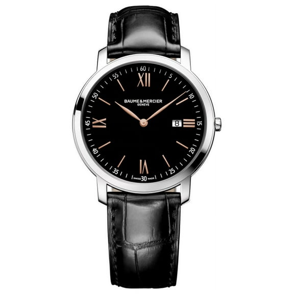 Baume & Mercier Classima Stainless Steel Black Dial Black Leather Strap Date Quartz Mens Watch MOA10127