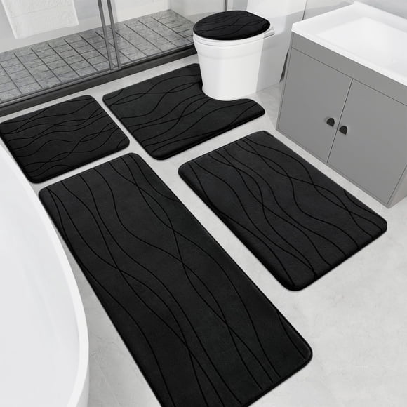 Juego de alfombras de baño YIHOUSE de espuma viscoelástica negra, 5 piezas