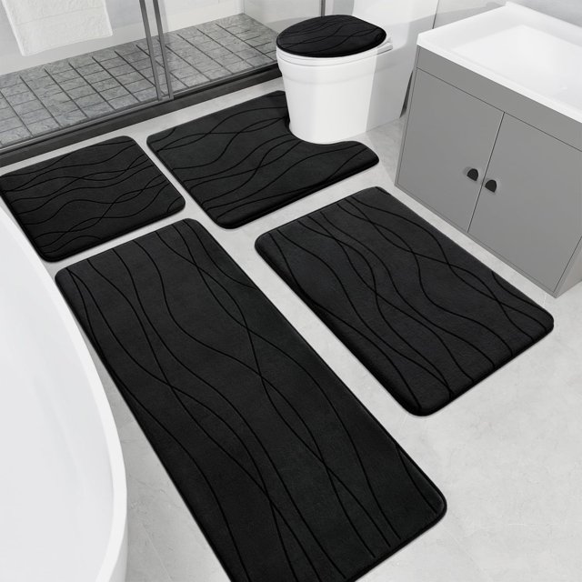 Juego de alfombras de baño YIHOUSE de espuma viscoelástica negra, 5 piezas