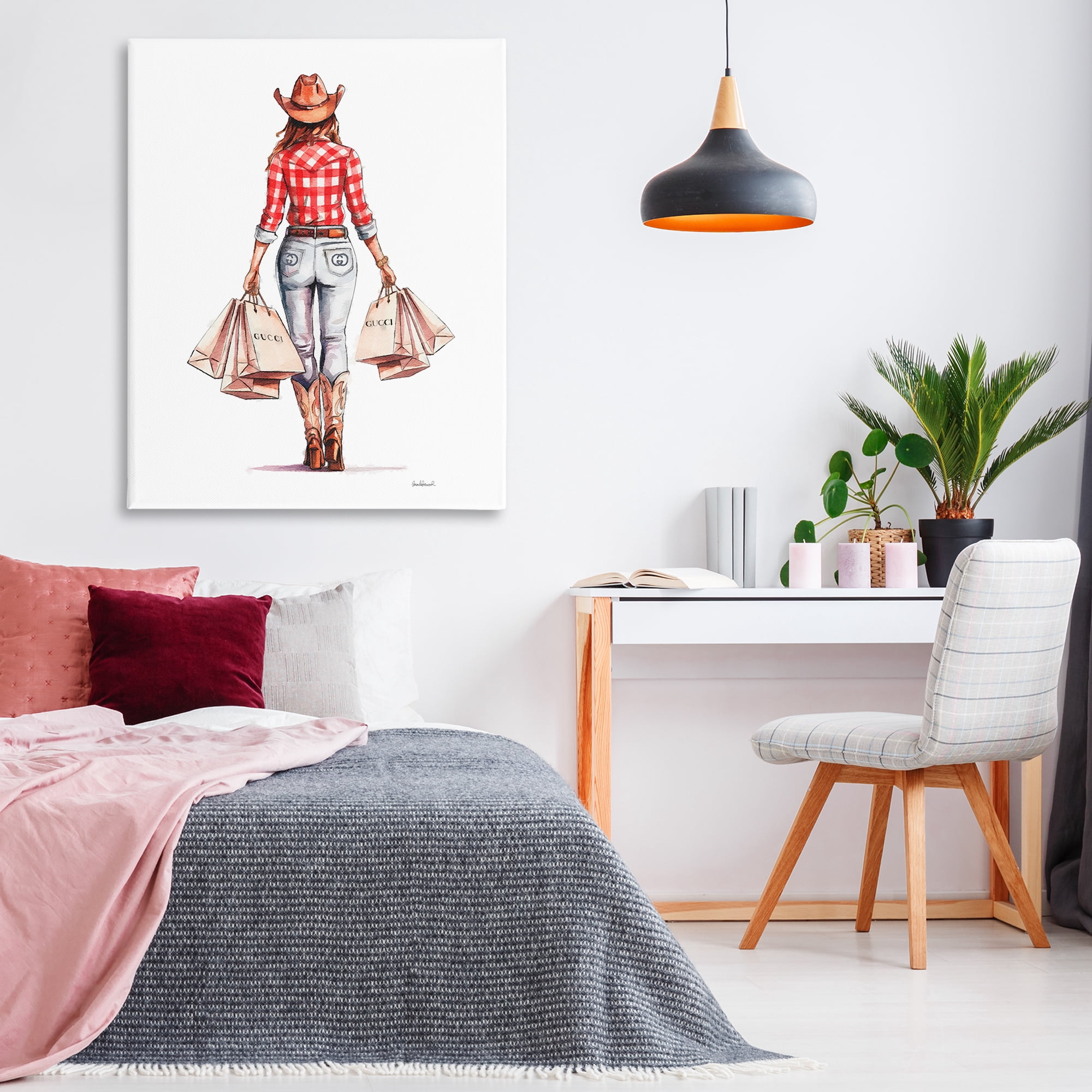 Stupell Industries Country Cowgirl Shopping People Painting Wrapped Canvas Art Print Wall Art, 36 x 48