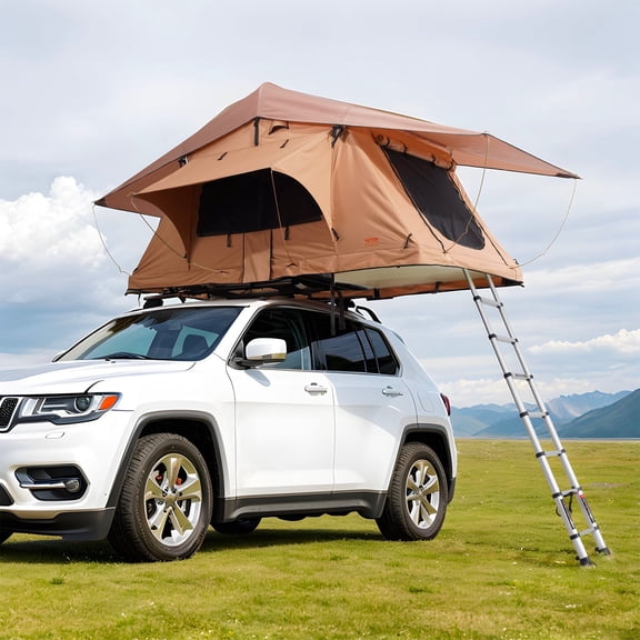 VEVOR Rooftop Tent Hard Shell,Rooftop Tent Hardshell for 2-3 Person, Folding Hard Shell Roof Top Tent with Telescopic Ladder Mattress PVC Cover Bag, Waterproof for Jeep SUV Van Truck