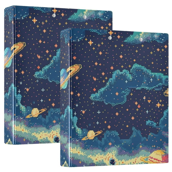 Space Pixel Style Hardcover 3 Ring Binder 1.5” Round Rings Letter Size Paper Pockets for School Office Supplies