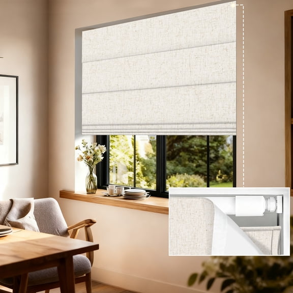 BERISSA Cordless No Drill Roman Shades for Indoor Windows, Blackout Shades for Bedroom,No screw No tools Easy Install Blinds,34"W x 64"H,Linen Beige