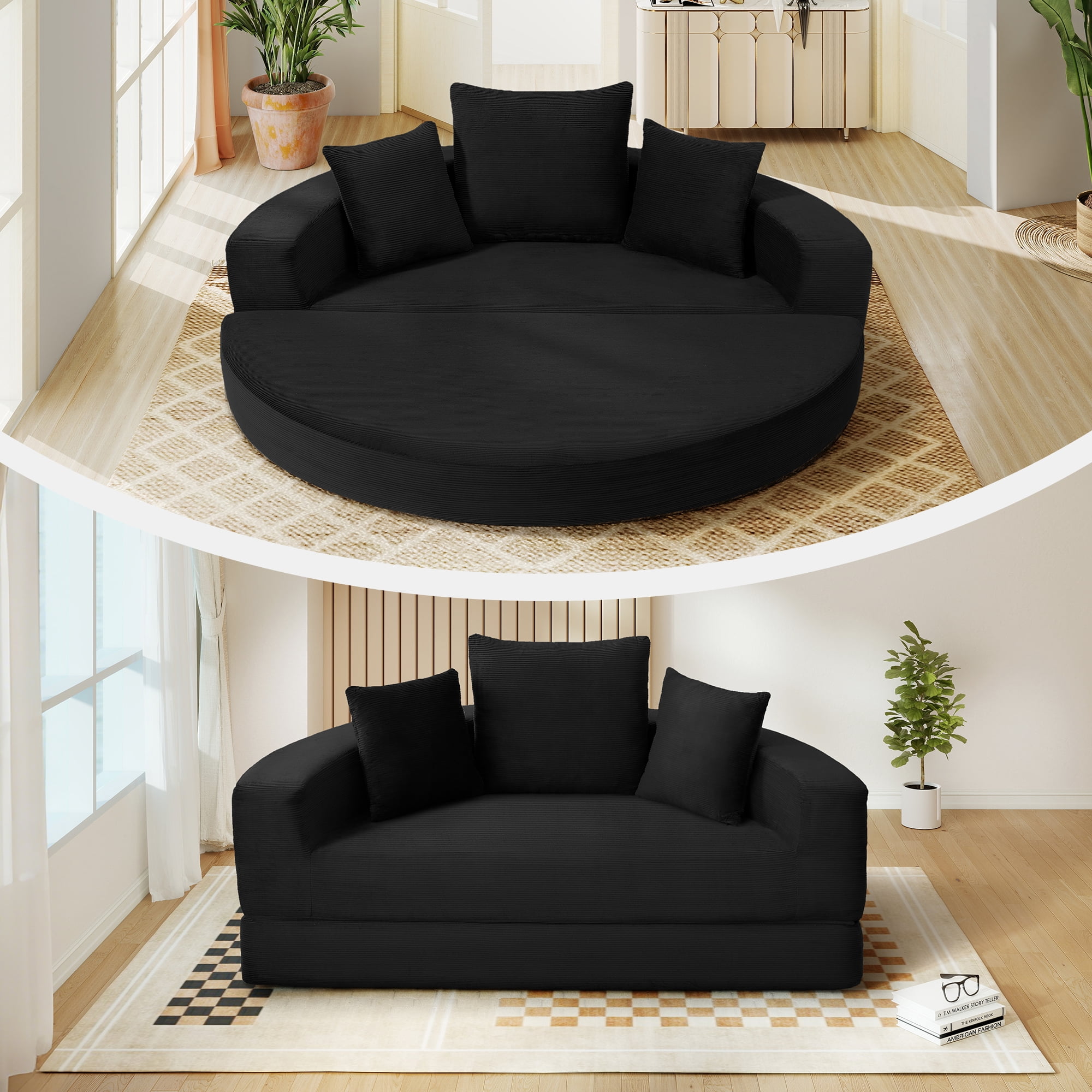 Aukfa 67" Round Convertible Folding Sofa Bed, Corduroy Futon Sleeper Couch with Pillows for Small Spaces and Living Rooms, Black