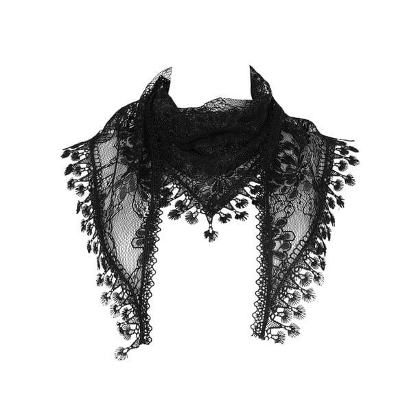 INSPIRAR CHIC Chalinas de Encaje Floral Mantilla, Chal de Triángulo con Borlas de Crochet, Cubierta de Cabeza para la Iglesia Catedral, Velos de Novia 55.1x17.7" Negro