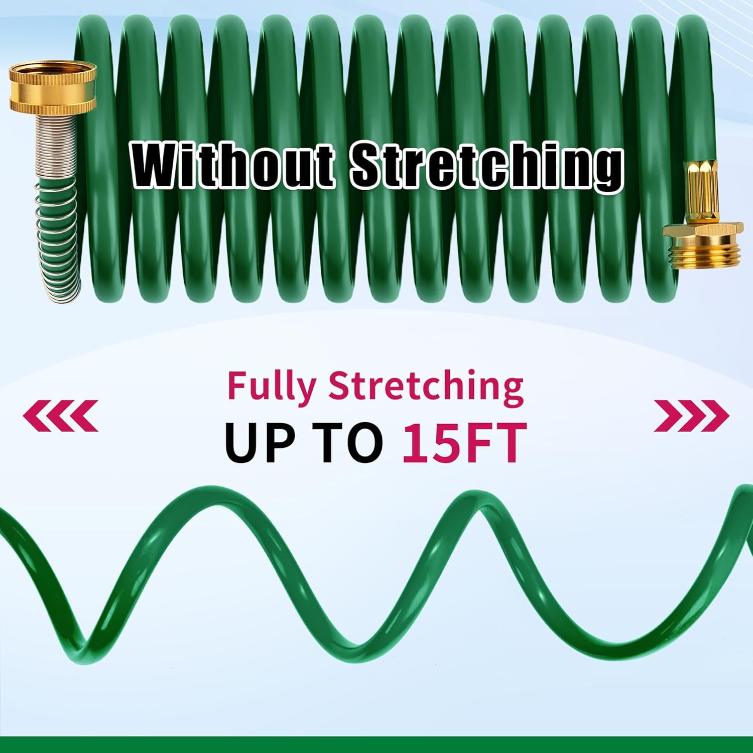 Coil Garden Hose 15 ft, EVA Curly Water Hose with Brass Connectors,  Garden Water Hose,Includes 7- Function Sprayer,Retractable, Resistant Garden Coil Hose.