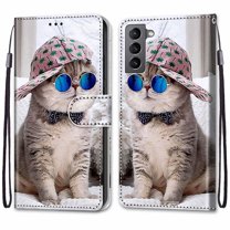 For Samsung Galaxy S22 Case, Mantto Magnetic PU Leather Phone Case With Hand Rope Strap Cute Pattern Painted Flip Credit/ ID Card Wallet Slots Stand, Hat&Cat