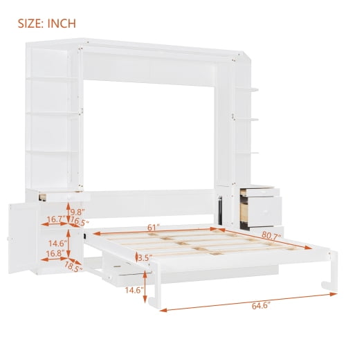 Queen Murphy Bed with Desk, Hidden Workstation, Storage Shelves & Cabinets, Wall Bed with Lights, White