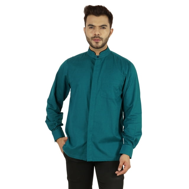 Bestman Chemise Unie à Manches Longues pour Hommes, Col Chinois, Patte de Boutonnage Double devant