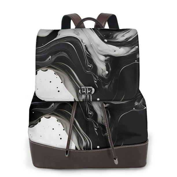 Balery Fluid Black White Paint Swirls Mochila de Cuero para Mujeres, Gran Capacidad, Bolsa de Viaje Multifuncional, Mochila de Cuero y Bolsa de Hombro para Mujeres