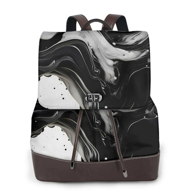 Balery Fluid Black White Paint Swirls Mochila de Cuero para Mujeres, Gran Capacidad, Bolsa de Viaje Multifuncional, Mochila de Cuero y Bolsa de Hombro para Mujeres