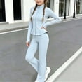 thumbnail image 5 of BXJX Girls Yoga Outfit Sets, 2 Piece Long Sleeve Zip up Sports Jacket and Flare Pants Sets Light Blue Size 14-15 T, 5 of 8