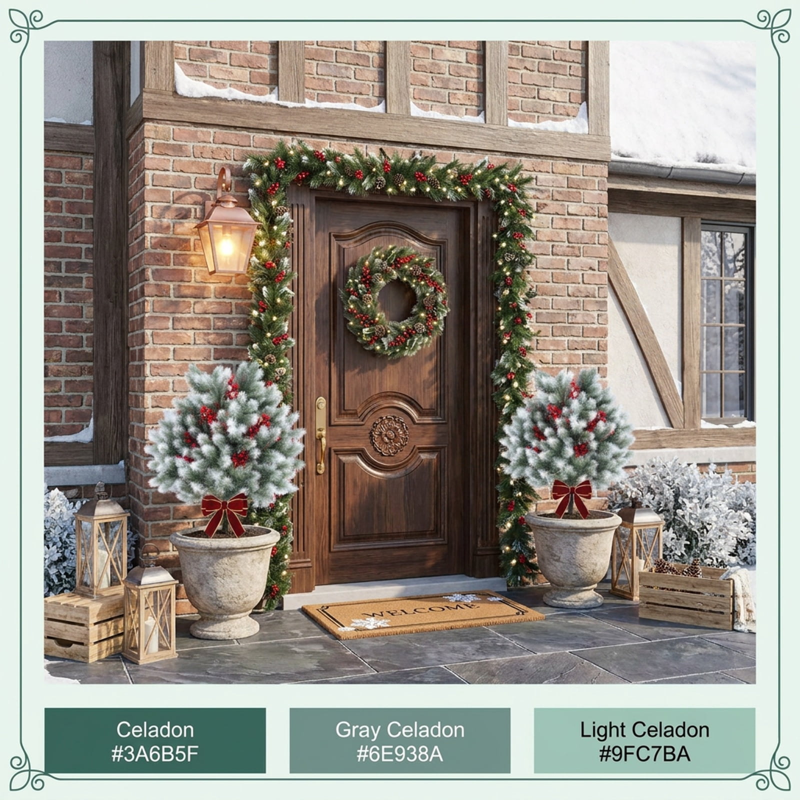 Vebreda Artificial Plant Decor, Set of 2 Artificial Cedar Topiary with Ground Spikes for Porch Patio Winter Decoration, Exquisite Craftsmanship