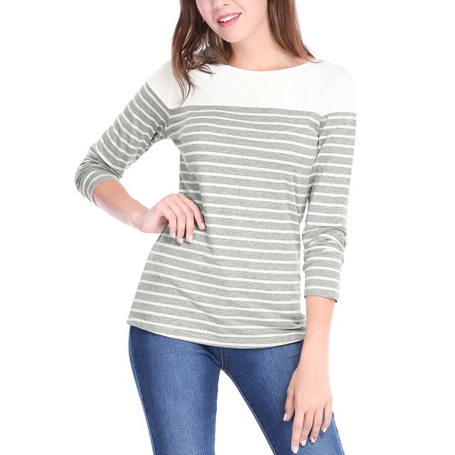 CamiseDe ManLarPaMujer bloque de colorrayas triple color simple Gris claro L