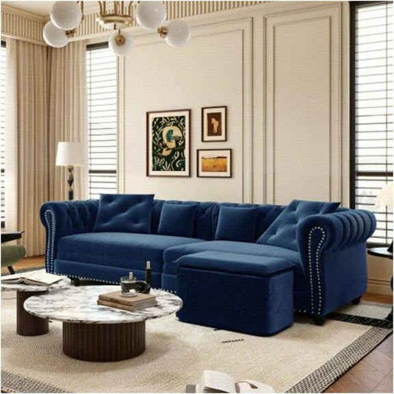 JERFIT Velvet Convertible Sofa Bed 3-in-1 Sleeper with Chaise and Ottoman, Chesterfield Tufted Design, for Living Room, Apartment, Blue