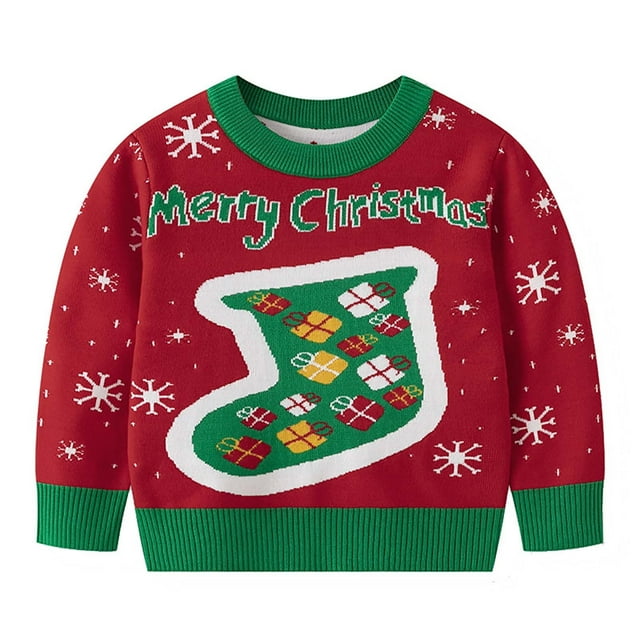 Chandails de Noël Garçons Filles Manches Longues Tricot Col Rond Chandail Molletonné Enfants Chandail de Noël Laid Hauts 3-8 Ans (3 Ans, Rouge)