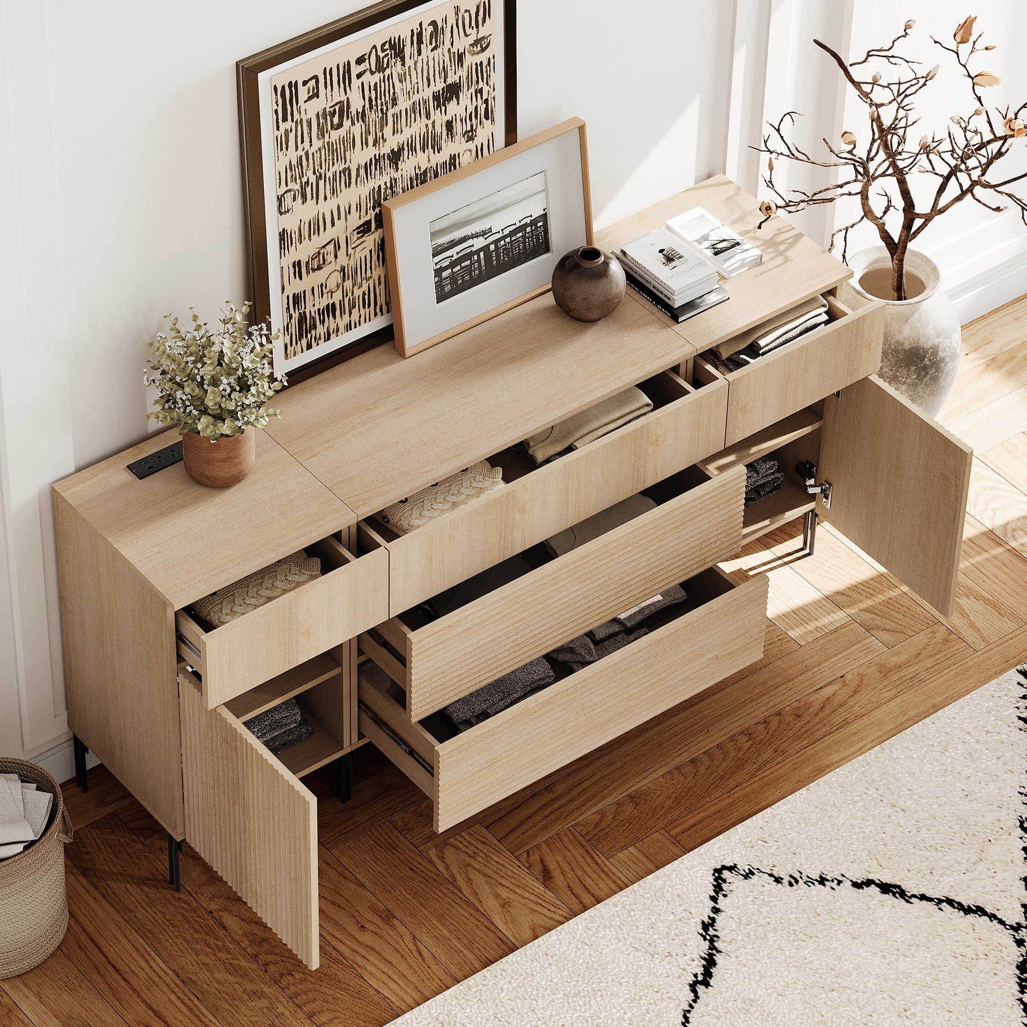 63" Wooden Reeded Sideboard with Built-in Charging Station, 3-In-1 Modern Credenza Storage Cabinet for Kitchen, Dining Room