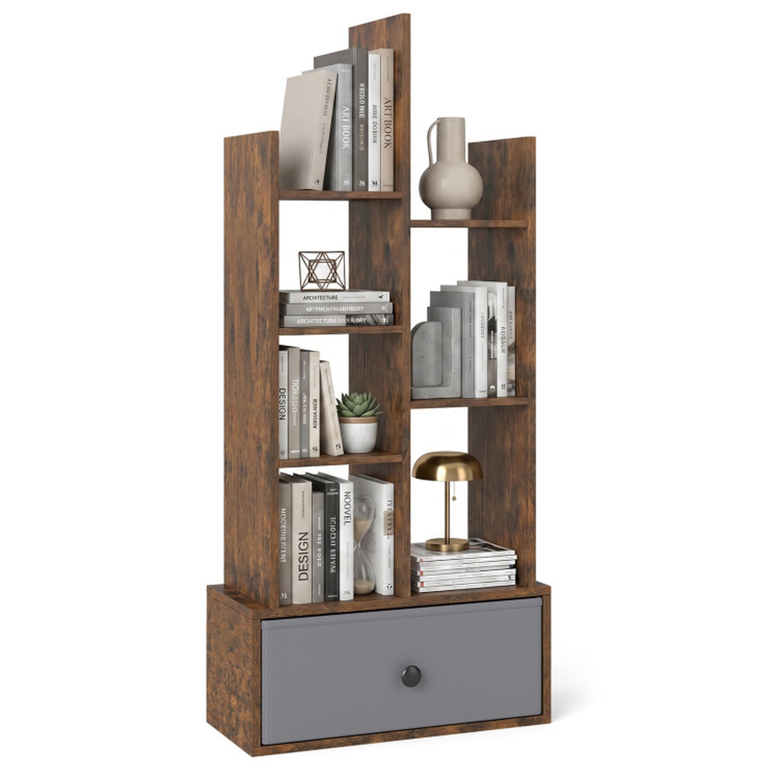 Furnibear 7-Tier Open-Back Tall Bookshelf with Fabric Drawer and Anti-Toppling Kits Freestanding Wood Storage for Home Office, Rustic Brown