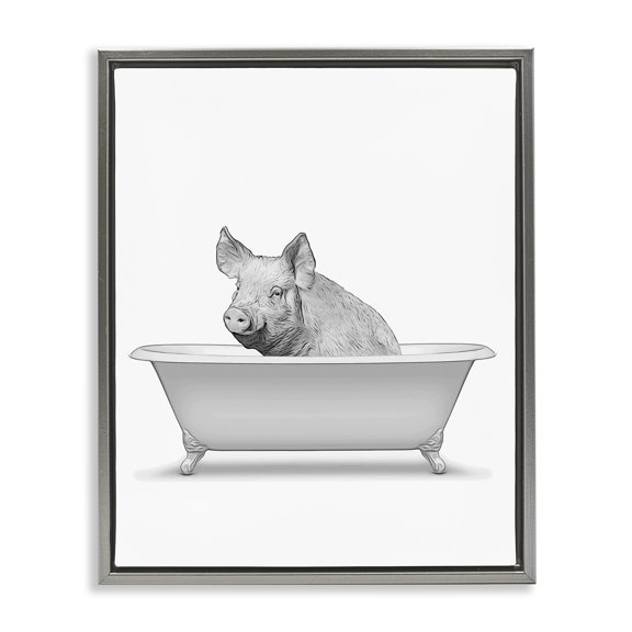 Stupell Industries Cottage Pig In Tub Bathroom Animal Gray Floating Frame Canvas Art, 17 x 21, by Annalisa Latella