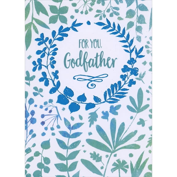 Designer Greetings Blue Foil Circular Wreath of Leaves and Blue and Green Leaves on White Father's Day Card for Godfather