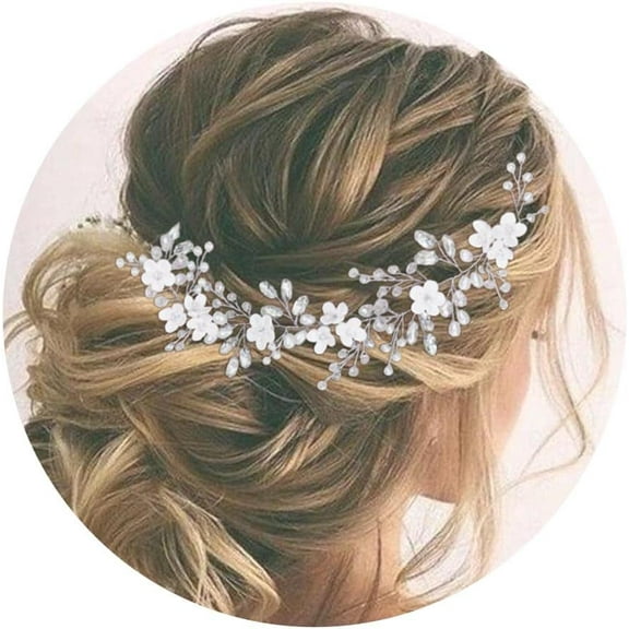 Flower Bride Wedding Headpiece Silver Crystal Bridal Headband Pearl Hair Accessories for Women and Girls