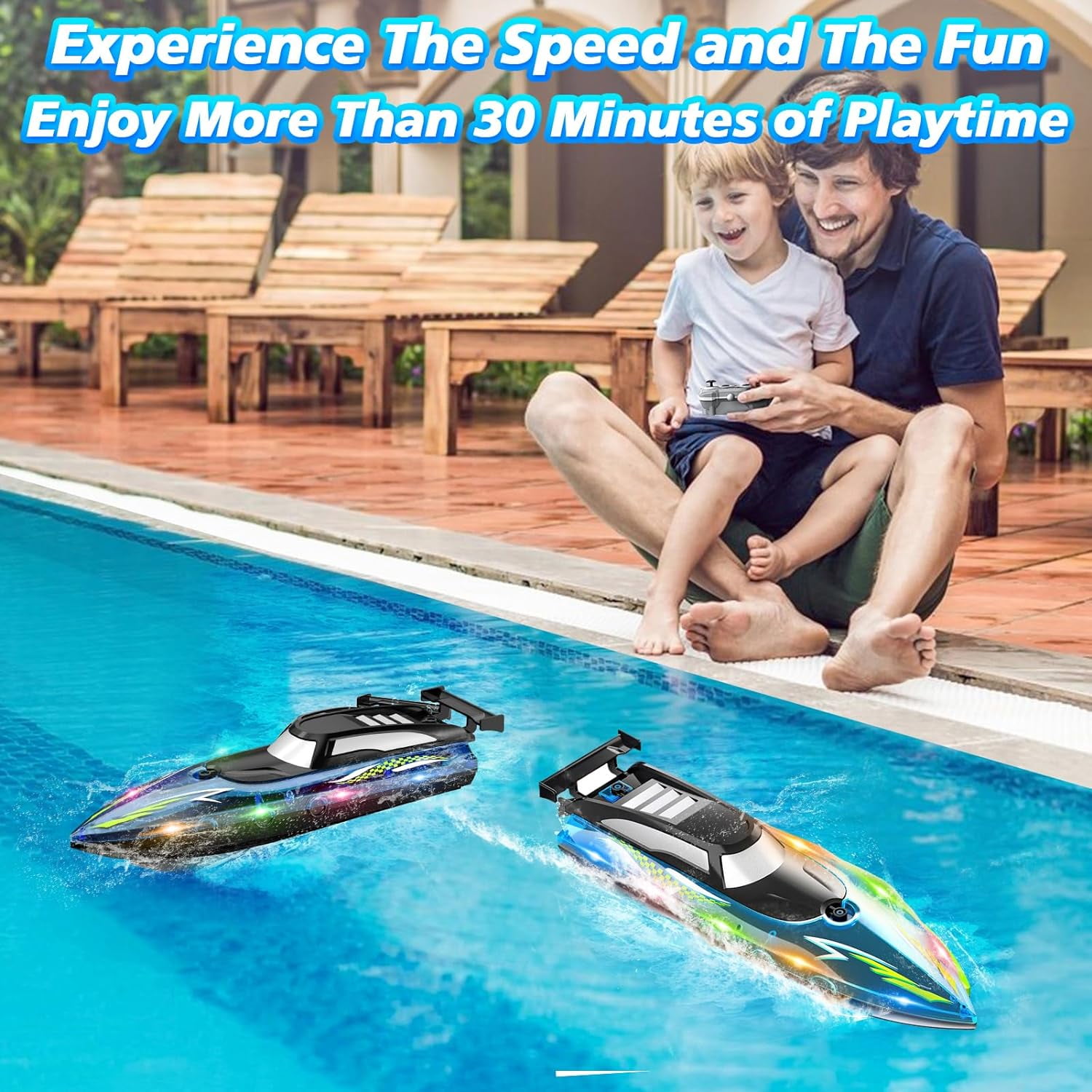 Remote Control Boat with LED Light Adults, 2.4Ghz Full Proportional RC Boat, Remote Control Boat for Pools and Lakes, 30 Min Running Time, Pool Toys