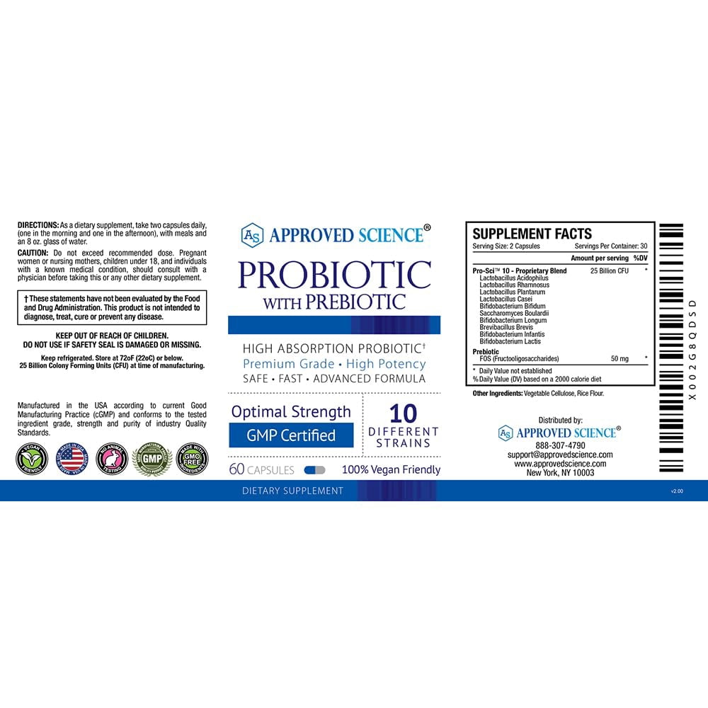 Approved Science Probiotic with Prebiotic - 10 Strains - 25 Billion CFU - 3 Bottles - Vegan