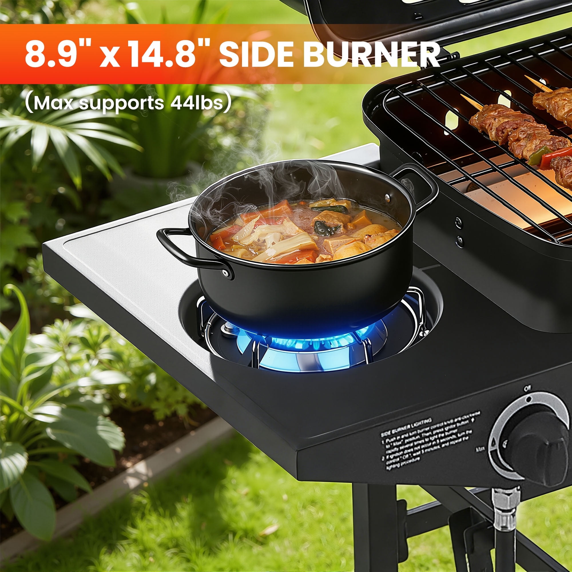 Seizeen 2-Burner Gas Grill Outdoor BBQ with Side Burner, Stainless Steel Propane Grill 24000 BTU Output, Barbecue Grill with Enameled Grate and Side Tables for Outdoor Patio Backyard Cooking