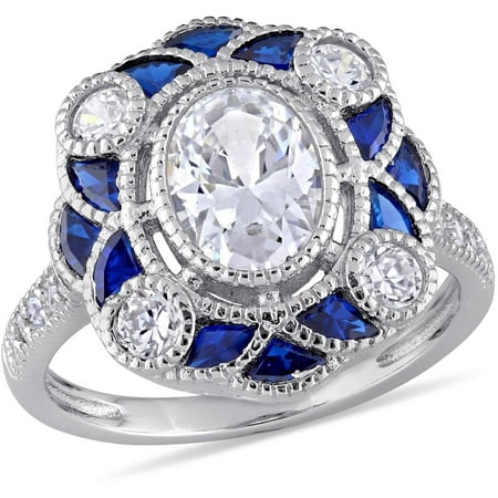 Tangelo 6-1/4 Carat T.G.W. Created Blue Spinel and Cubic Zirconia Sterling Silver Art Deco Halo Ring