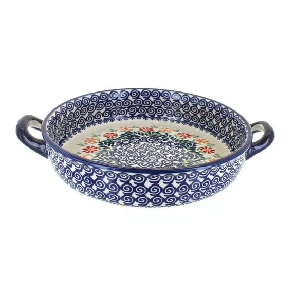 Blue Rose Polish Pottery Garden Bouquet Small Round Baker With Handles