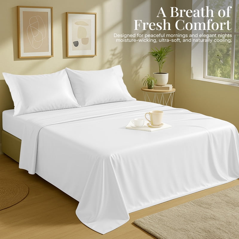 Lux Decor 100% Organic Viscose from Bamboo Queen Sheets Set - 4 Piece Ultra-Soft Luxury Cooling Bed Sheets, 16" Deep Pocket, Breathable & Hypoallergenic - White