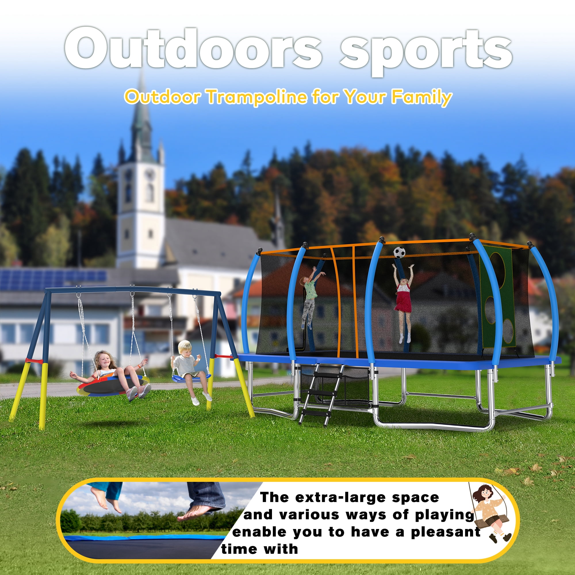 Mersco 10x16FT 4-in-1 Trampoline with Swing Set , Enclosure Net, Recreational Trampoline, Outdoor Kids and Adults Trampoline for Backyard, Beach, Birthday Gifts ,Blue