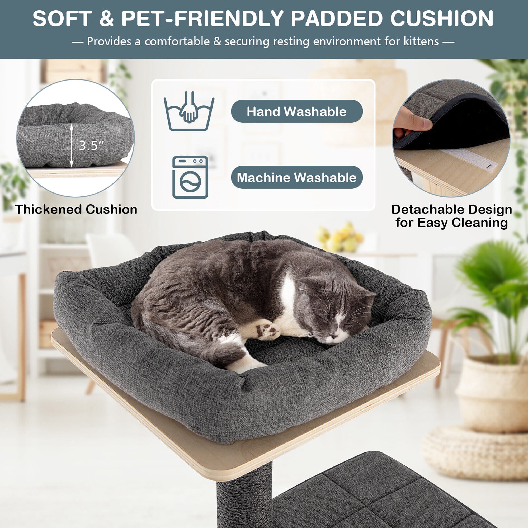 Gymax 69 in Modern Wood Cat Tree 5-Tier Tall Cat Tower w/ Washable Cushions