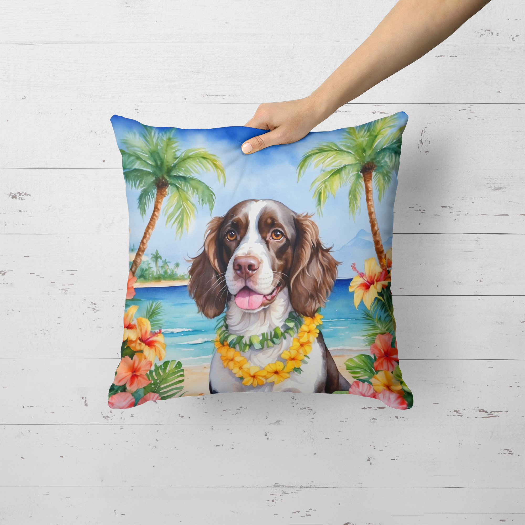 English Springer Spaniel Luau Throw Pillow 18 in x 18 in