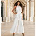 thumbnail image 4 of Women 2024 Summer Halter Neck Sleeveless Pleated High Waist Belted Dressy Wide Leg Pant One Piece Jumpsuits Romper, 4 of 5