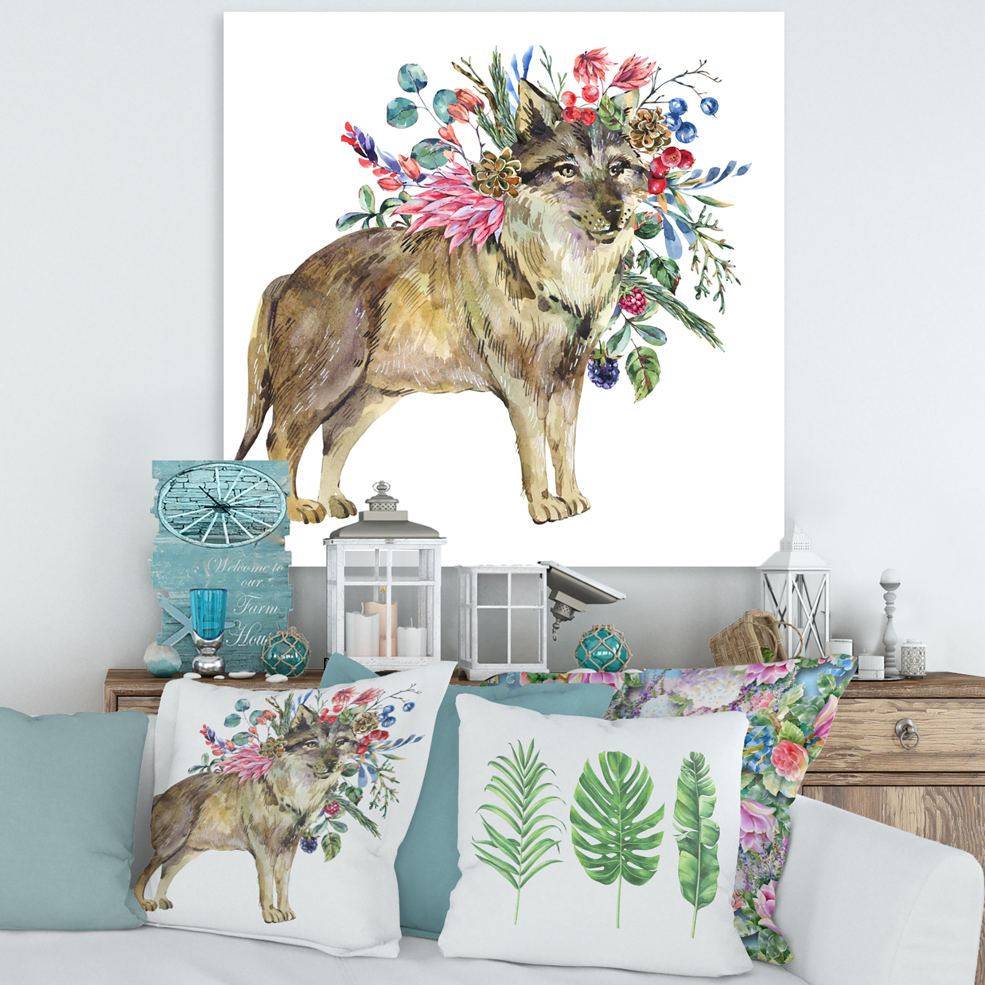 Wolf With Woodland Flowers On White 16 in x 16 in Painting Canvas Art Print, by Designart