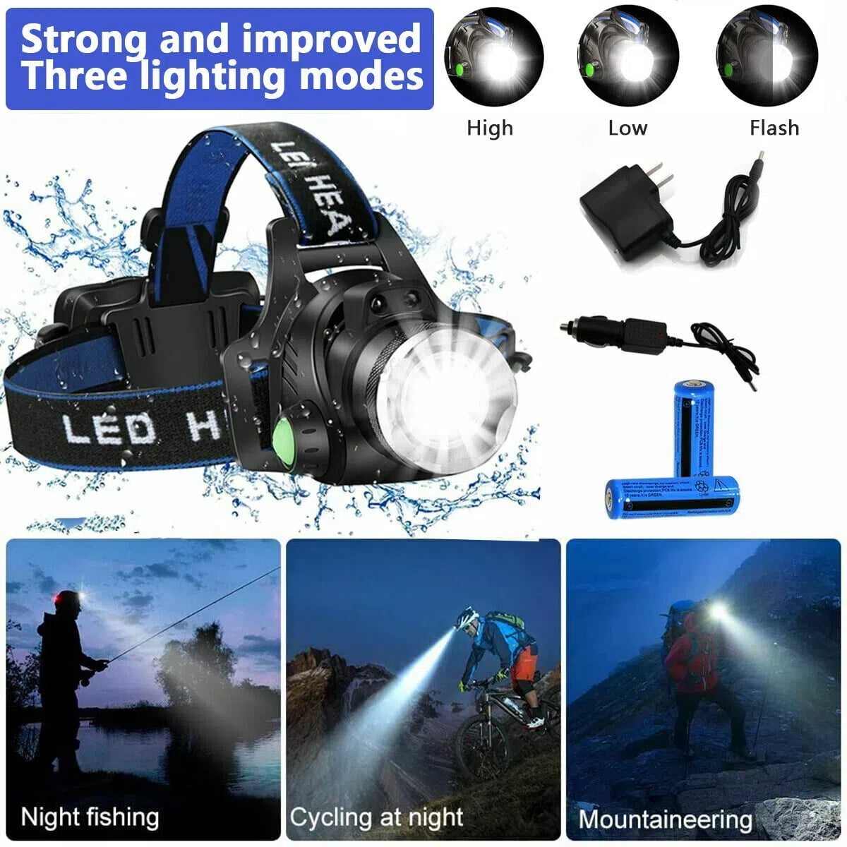 Rechargeable LED Headlamp Flashlight - High Lumens Zoomable Beam, Adjustable Head Strap, Tactical Light for Camping/Hiking/Outdoor Use