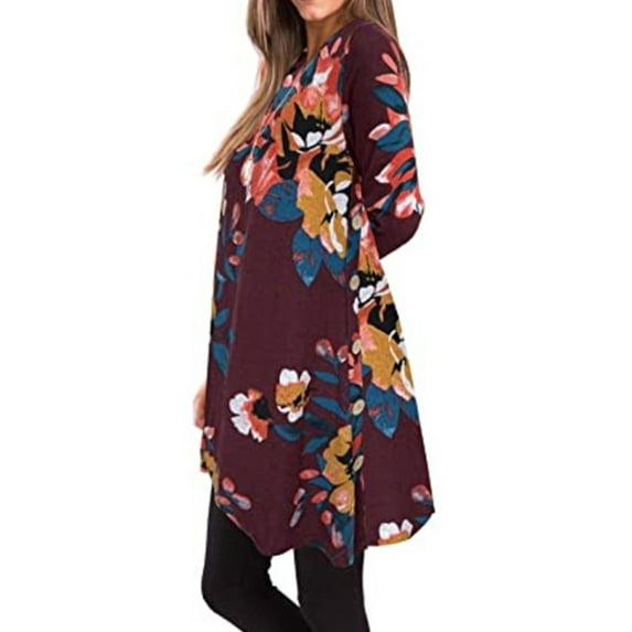 Uhndy Womens Fall Long Sleeve Tunic Tops For Leggings Crew-Neck Casual Blouse T-Shirt Side Button Swing Shirt Flowy Long Tops