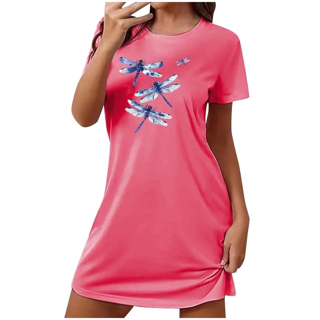 Mrat Jupe de Pyjama pour Femmes Chemise de Nuit Courte Surdimensionnée pour Femmes Mode Imprimé sur la Poitrine Robe de Nuit à Manches Courtes P-88 Rose Vif TTG