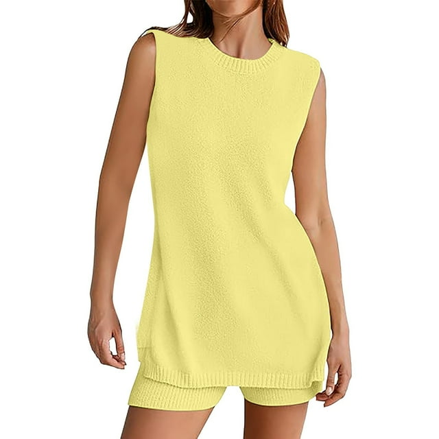 Zmoon Vêtements d'Été pour Femmes Temu Ample Décontracté Col Rond Débardeur Shorts Ensemble Tricoté Femme